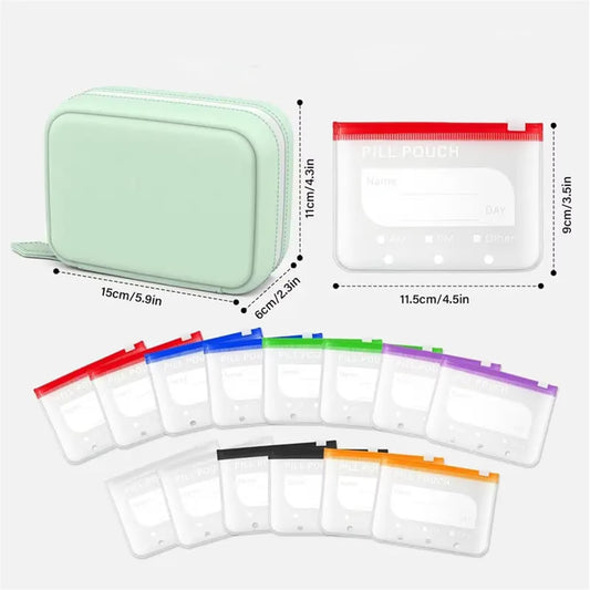 A7 Waterproof Pill Organizer with 7 PCS L Size Zippered Pill Pouches, Weekly Medicine Organizer, Color-Coded Reusable Travel Pill Storage System