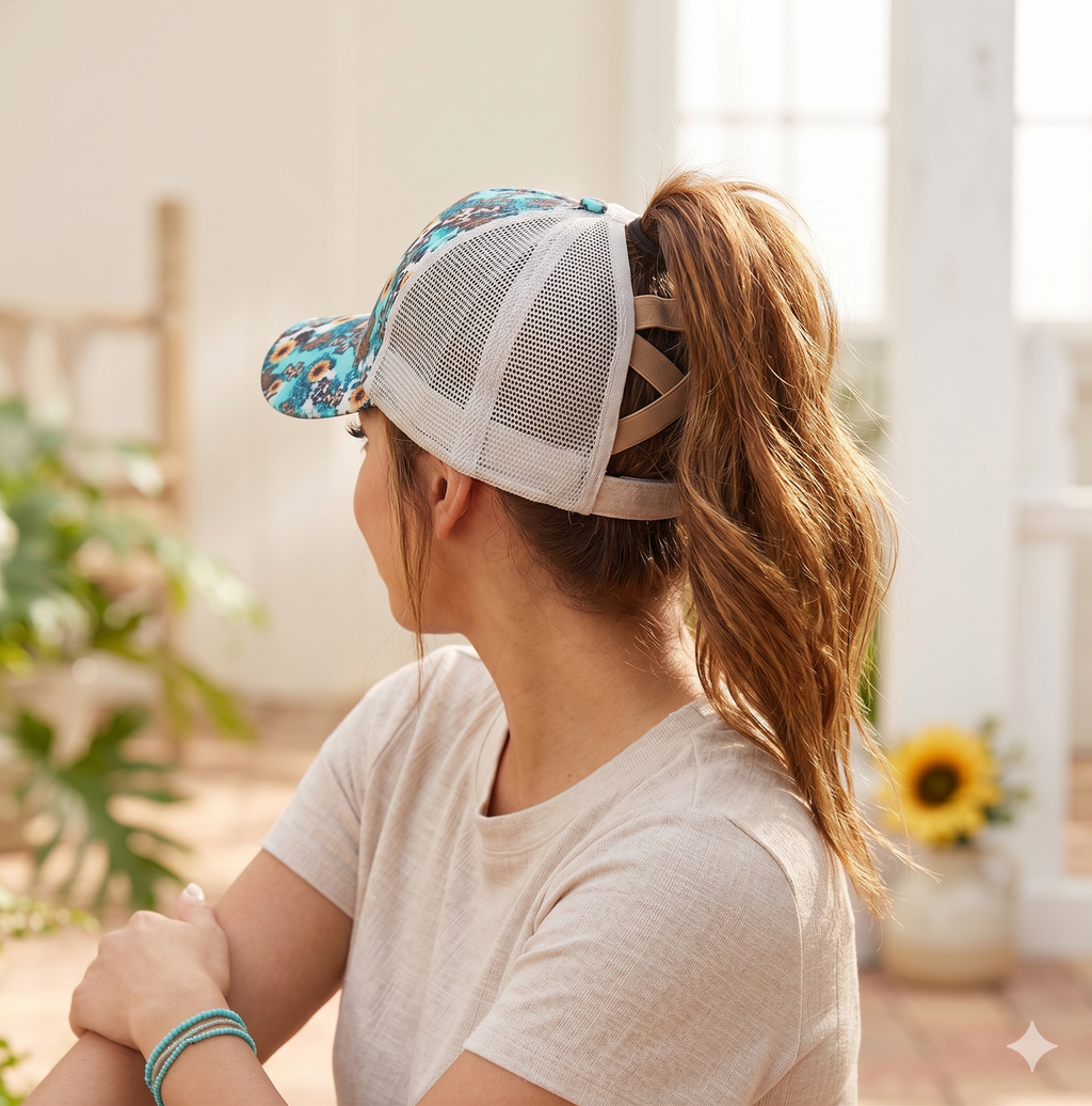 Sunflower Western Ponytail Cap