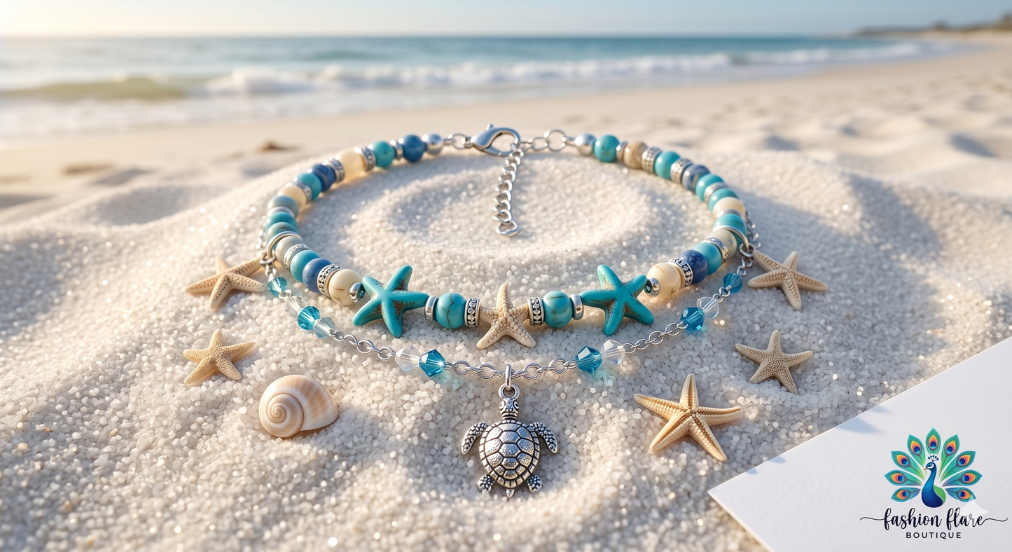 Turtle Charm | Turquoise and Silver Beaded Anklet
