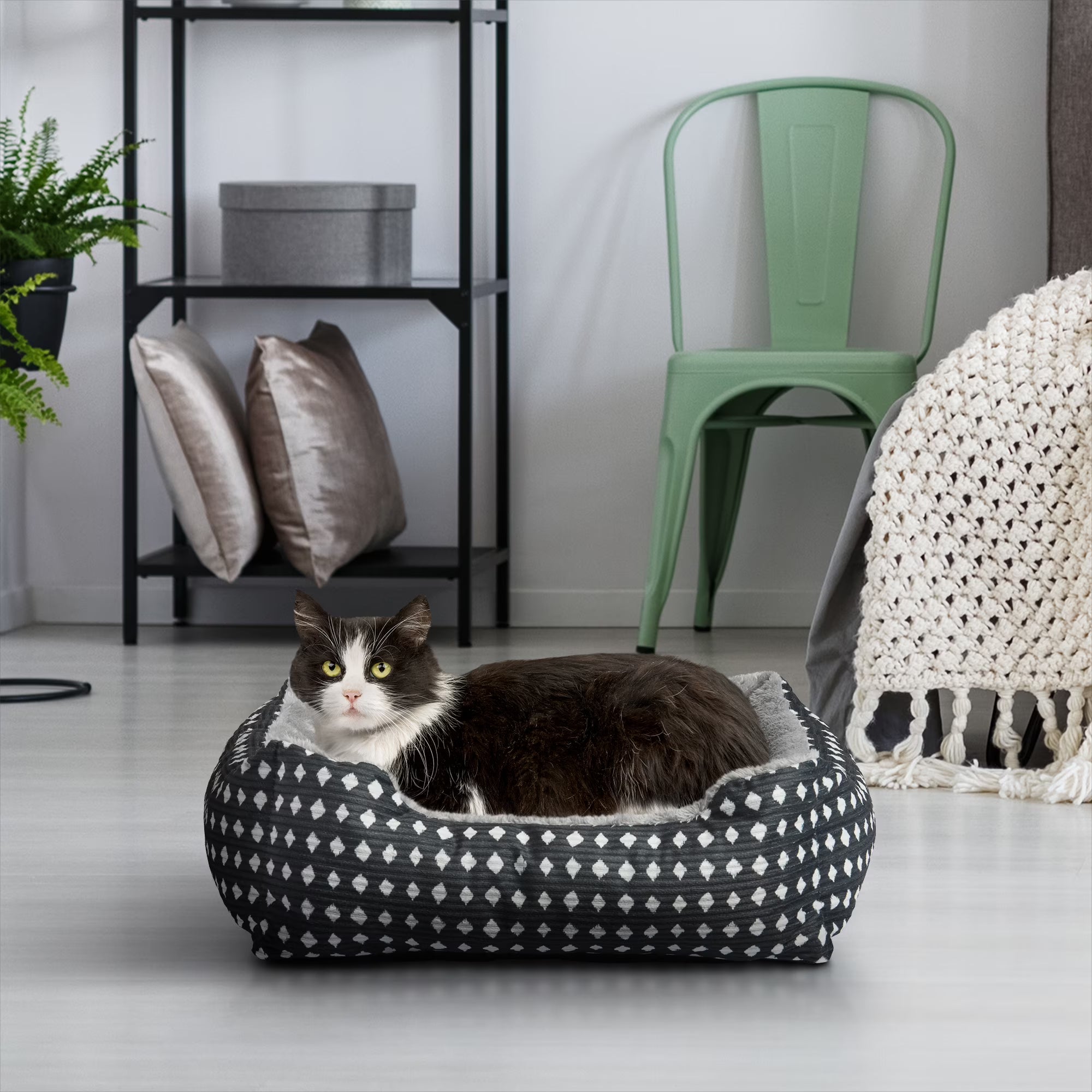 Vibrant Life Dog Bed, Cat Bed, Puppy Bed, Plush Cuddle Bed for Small Breeds, 19" x 15",Black & White Diamonds