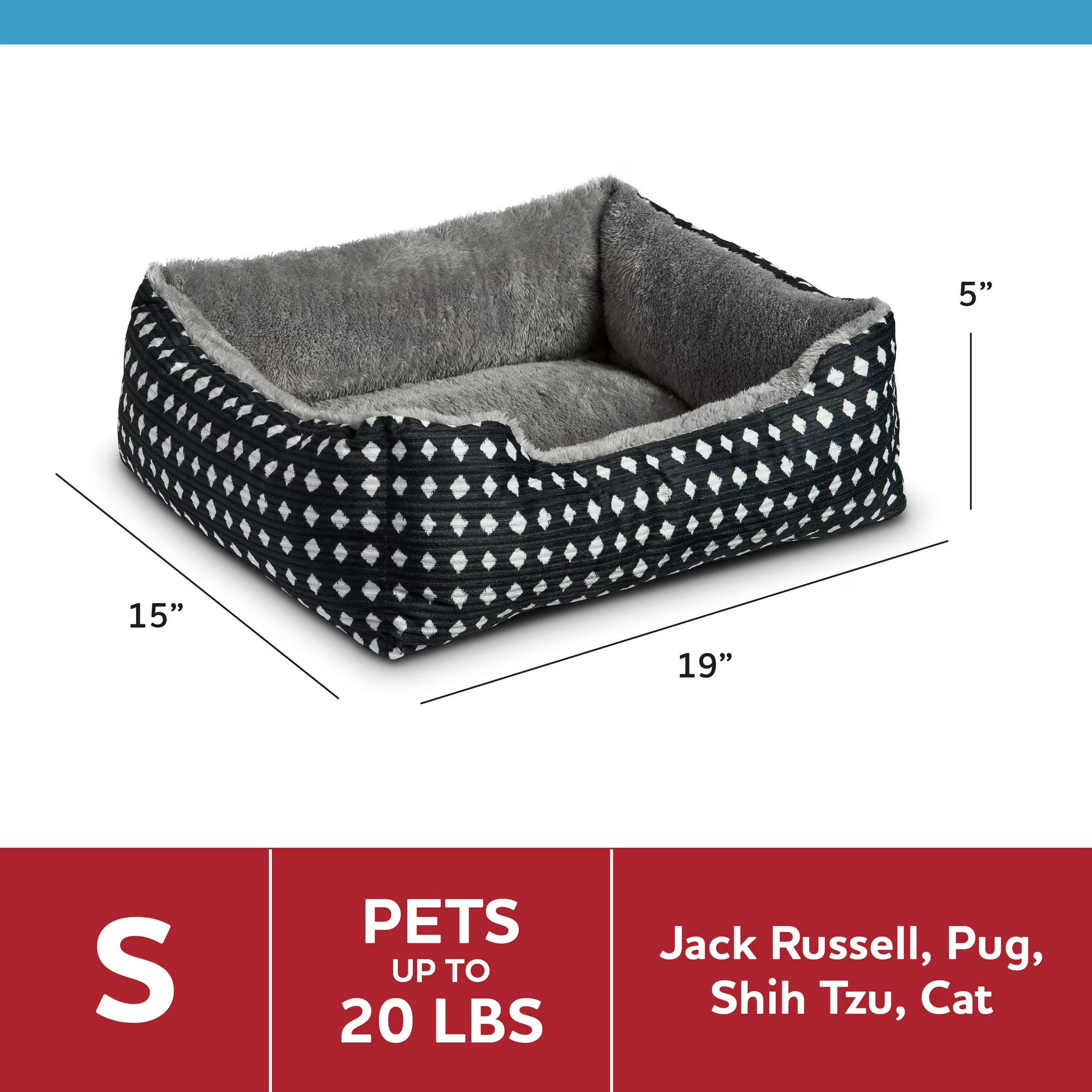 Vibrant Life Dog Bed, Cat Bed, Puppy Bed, Plush Cuddle Bed for Small Breeds, 19" x 15",Black & White Diamonds