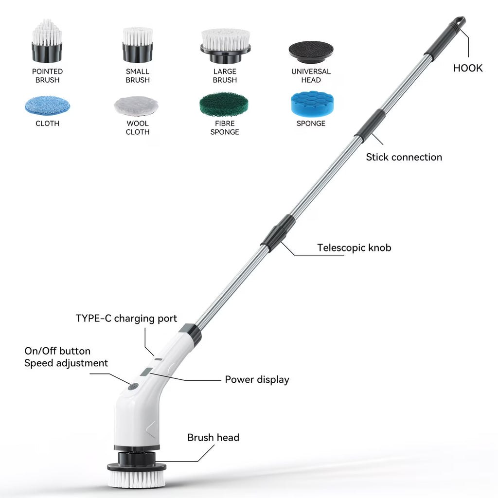 Multifunctional Electric Spin Scrubber Cleaning Brush, 7-In-1 Cleaning Brush, Adjustable Speeds 7 Replaceable Heads, Dual-Speed And Detachable Telescopic Handle, Suitable for Kitchen, Living Room And Bathroom