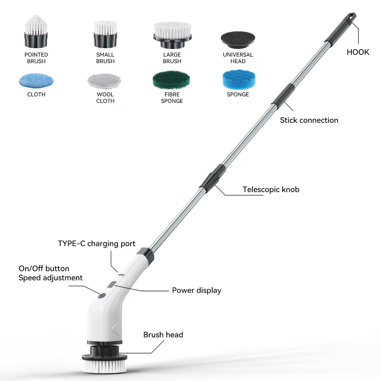 Multifunctional Electric Spin Scrubber Cleaning Brush, 7-In-1 Cleaning Brush, Adjustable Speeds 7 Replaceable Heads, Dual-Speed And Detachable Telescopic Handle, Suitable for Kitchen, Living Room And Bathroom